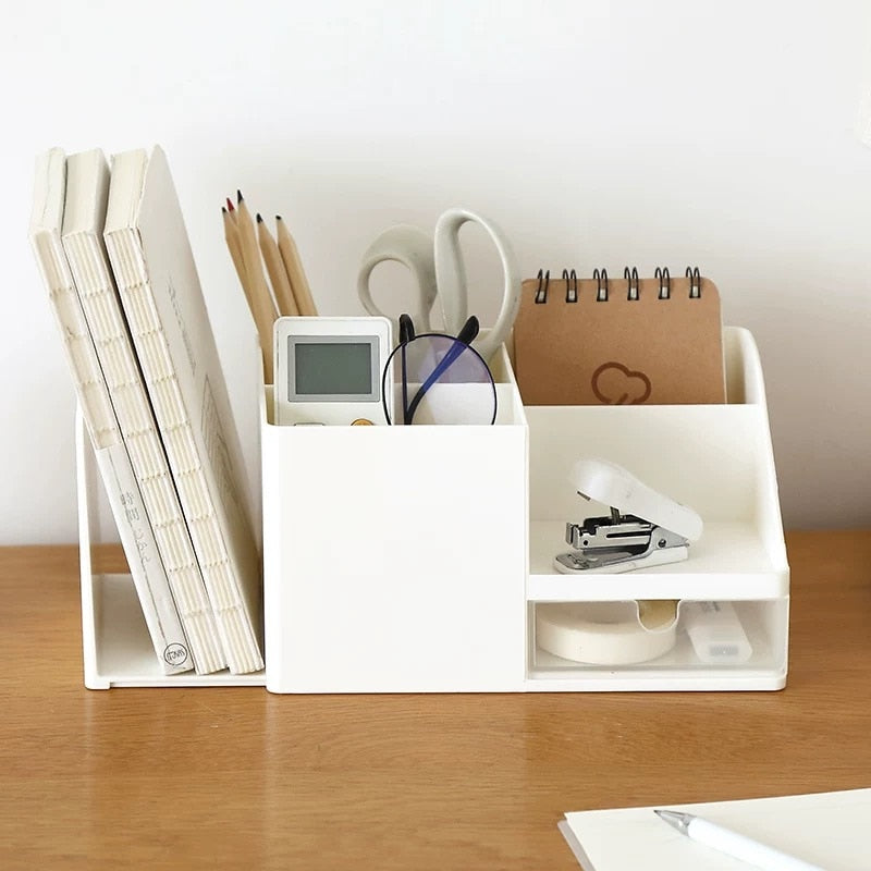 Beige modular desktop organizer with stationery storage