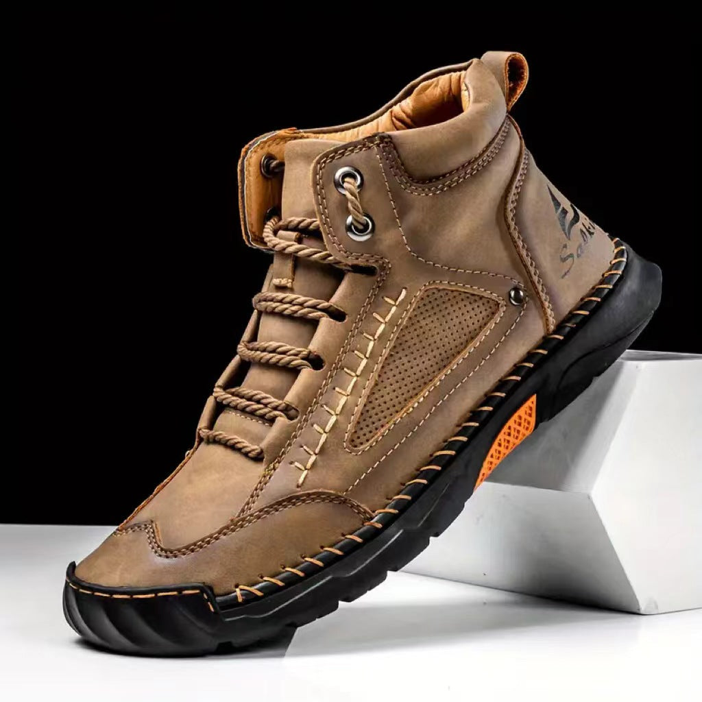 Khaki hand-stitched PU leather lace-up ankle boots with round toe and rubber sole