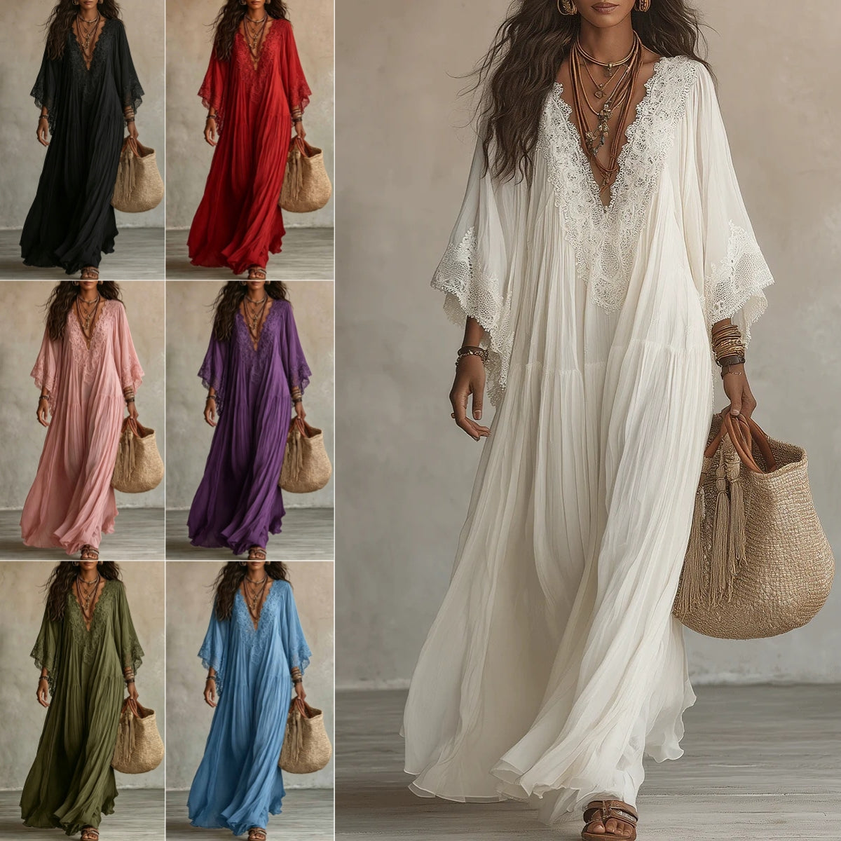 Finiks Gravity | Women's Lace Trim V-Neck Flowy Maxi Dress | Product image 1