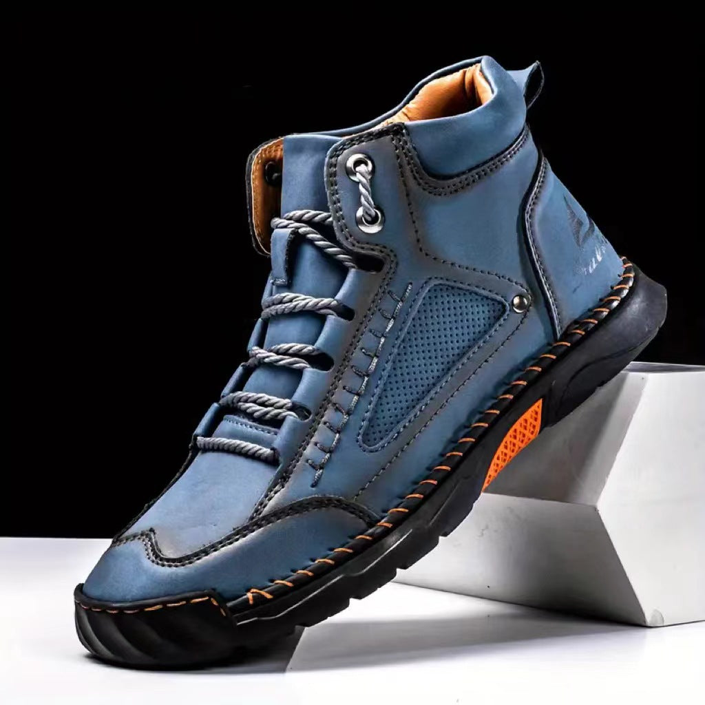 Dark blue hand-stitched PU leather lace-up ankle boots with round toe and rubber sole