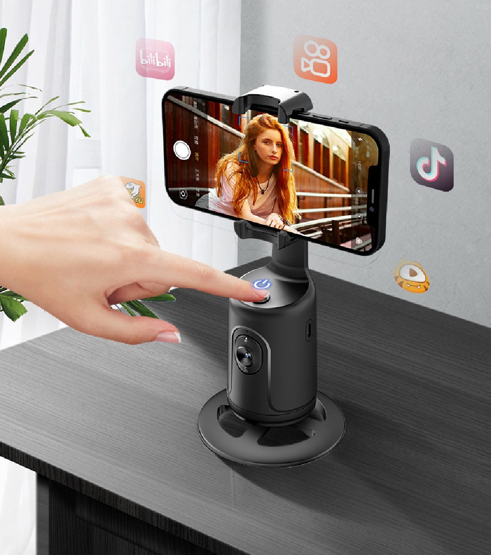 360 AI face tracking phone holder in black with smartphone