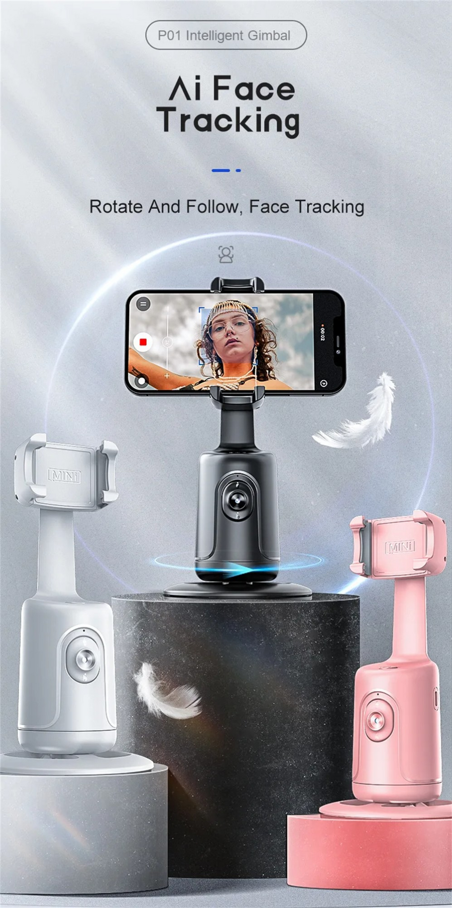 360° AI Face Tracking Phone Holder with Gesture Control