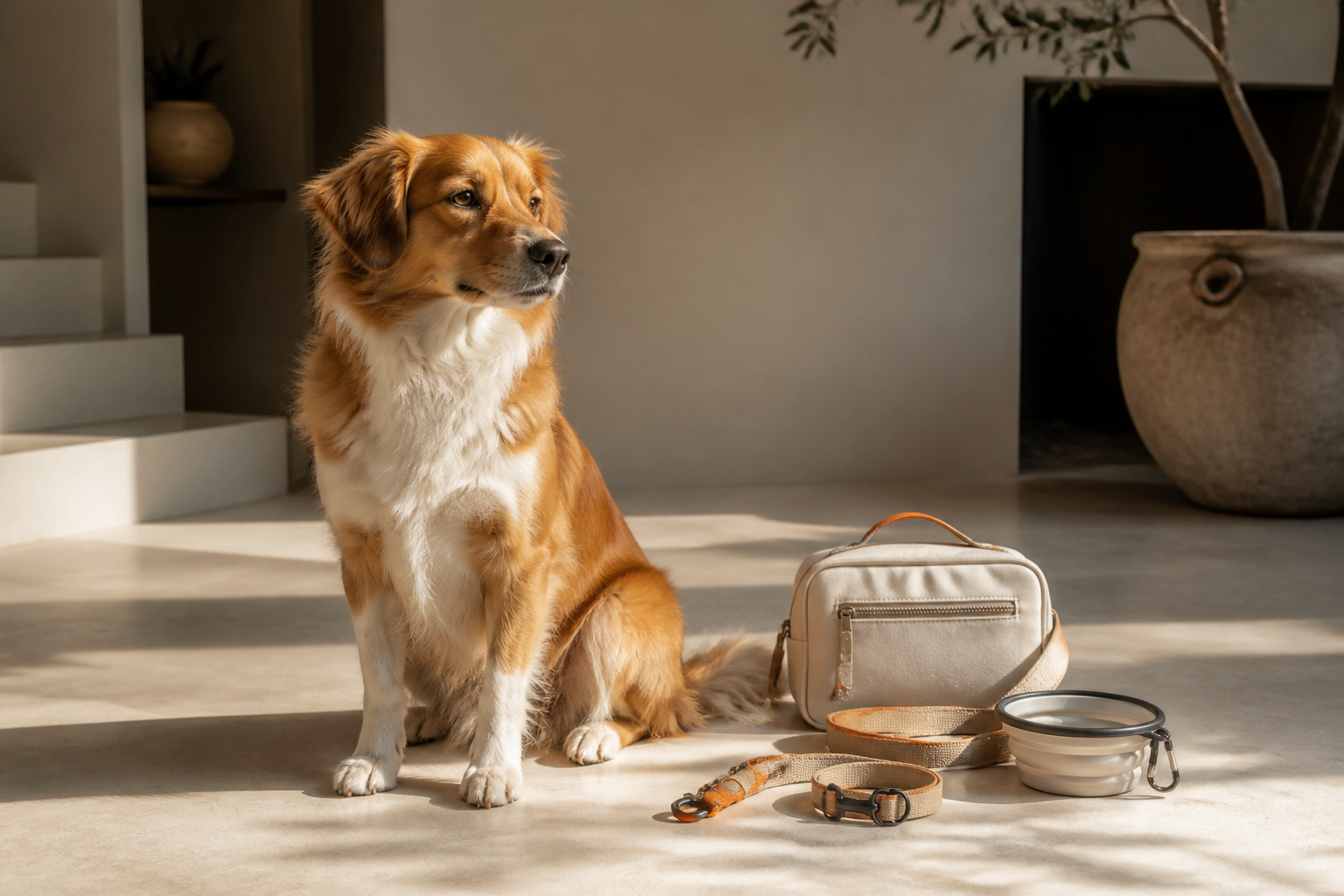 A dog with a refined edit of pet travel essentials